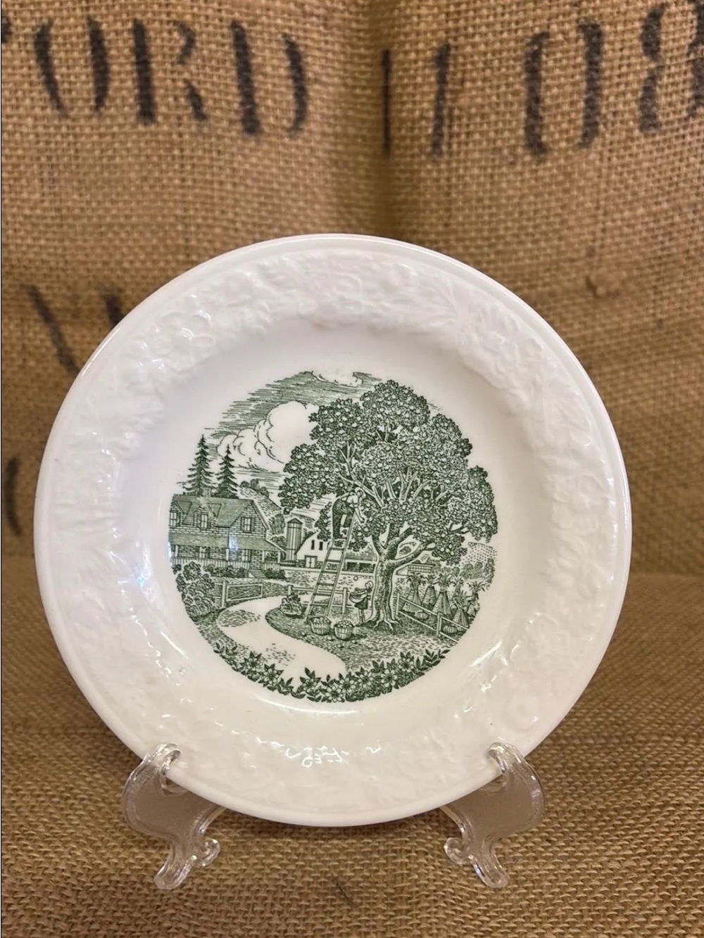 Vintage 6” Green farmhouse plate Homer Laughlin Pastoral Transfer-ware
